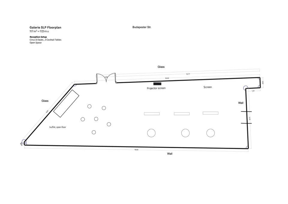 Floor plan of the gallery, 117 square metres, with the glass front, projector screen and seating